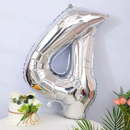 Balon din Folie , Cifra 4, 81 cm, Pentru Aer sau Heliu, Bulk, Argintiu [1]