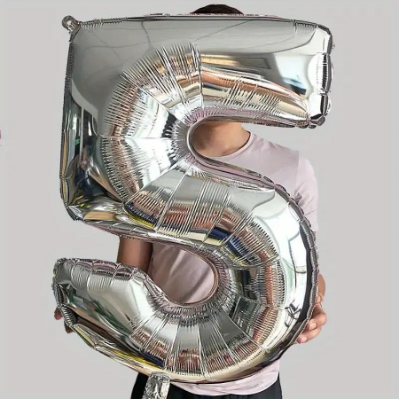 Balon din Folie , Cifra 5, 81 cm, Pentru Aer sau Heliu, Bulk, Argintiu [2]
