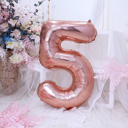 Balon din Folie , Cifra 5, 81 cm, Pentru Aer sau Heliu, Bulk, Roz Auriu [3]