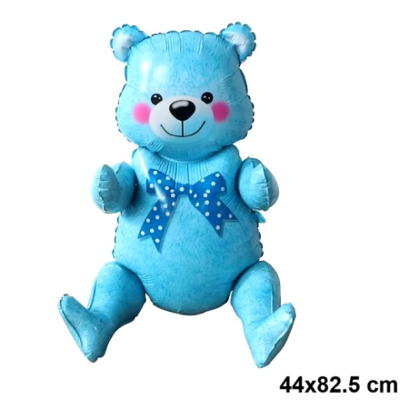Balon din Folie Metalizata, , Figurina Animalute, Model Ursulet Asezat, Tematica Aniversare, 44x82.5 cm, Ambalaj Individual, Pai Inclus, Umflare cu Aer sau Heliu, Albastru [3]