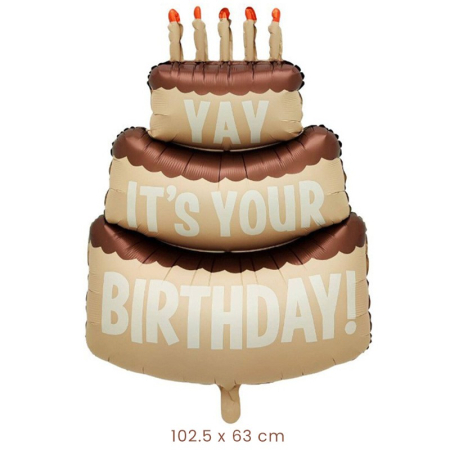 Balon din Folie Metalizata, , Figurina Animata, Model Tort Aniversar, 102.5 x 63 cm, Ambalaj Individual, Pai Inclus, Umflare cu Aer sau Heliu, Maro [1]