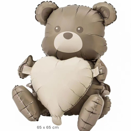 Balon din Folie Metalizata, , Figurina Animata, Model Ursulet cu Inima, 65 x 65 cm, Ambalaj Individual, Pai Inclus, Umflare cu Aer sau Heliu, Maro [1]