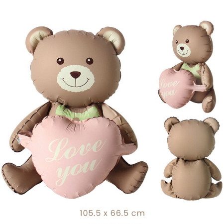 Balon din Folie Metalizata, , Figurina Animata, Model Ursulet cu Inimioare, 105.5 x 66.5 cm, Ambalaj Individual, Pai Inclus, Umflare cu Aer sau Heliu, Maro [2]
