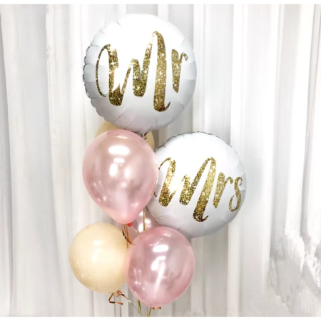 Balon din Folie Metalizata, , Figurina Cerc, Model MR, Tematica Nunta, 45 cm, Ambalaj Individual, Pai Inclus, Umflare cu Aer sau Heliu, Alb [2]