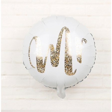 Balon din Folie Metalizata, , Figurina Cerc, Model MR, Tematica Nunta, 45 cm, Ambalaj Individual, Pai Inclus, Umflare cu Aer sau Heliu, Alb [7]
