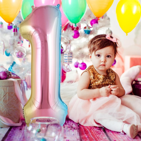 Balon din Folie Metalizata , Figurina Cifra Gradient, Tema Aniversare 40 cm, Ambalaj Individual, Pai inclus, Umflare cu Aer sau Heliu, Multicolor, Cifra 1 [3]