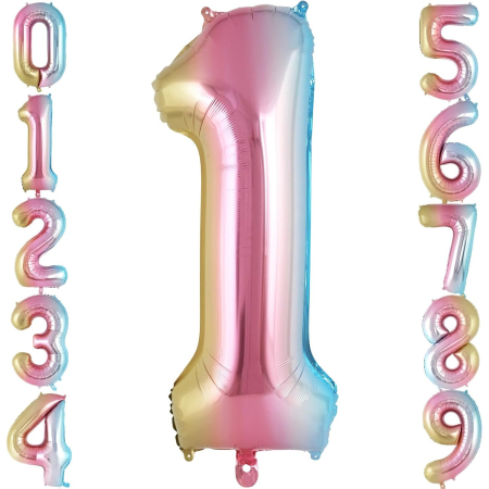 Balon din Folie Metalizata , Figurina Cifra Gradient, Tema Aniversare 40 cm, Ambalaj Individual, Pai inclus, Umflare cu Aer sau Heliu, Multicolor, Cifra 1 [5]