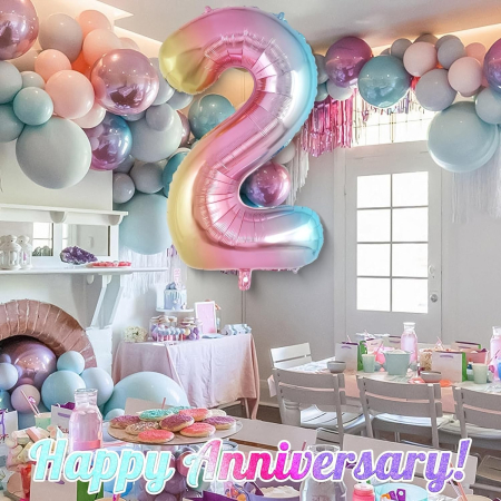 Balon din Folie Metalizata , Figurina Cifra Gradient, Tema Aniversare 40 cm, Ambalaj Individual, Pai inclus, Umflare cu Aer sau Heliu, Multicolor, Cifra 2 [1]