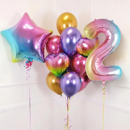 Balon din Folie Metalizata , Figurina Cifra Gradient, Tema Aniversare 40 cm, Ambalaj Individual, Pai inclus, Umflare cu Aer sau Heliu, Multicolor, Cifra 2 [4]