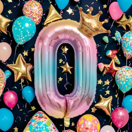 Balon din Folie Metalizata, , Figurina Cifra Gradient, Tema Aniversare 80 cm, Ambalaj Individual, Pai inclus, Umflare cu Aer sau Heliu, Coronita, Cifra 0 [3]