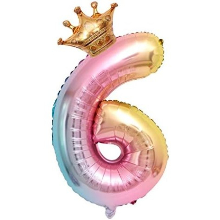Balon din Folie Metalizata, , Figurina Cifra Gradient, Tema Aniversare 80 cm, Ambalaj Individual, Pai inclus, Umflare cu Aer sau Heliu, Coronita, Cifra 6 [3]