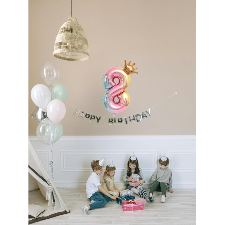 Balon din Folie Metalizata, , Figurina Cifra Gradient, Tema Aniversare 80 cm, Ambalaj Individual, Pai inclus, Umflare cu Aer sau Heliu, Coronita, Cifra 8 [2]