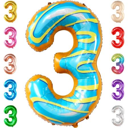 Balon din Folie Metalizata , Figurina Cifra, Imprimeu Gogosi, Tema Aniversare 100 cm, Ambalaj Individual, Pai inclus, Umflare cu Aer sau Heliu, Multicolor, Cifra 3 [9]