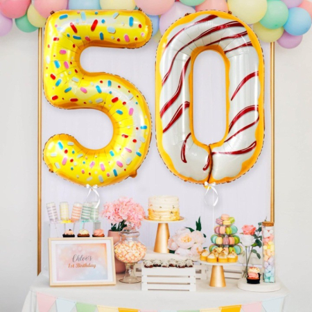 Balon din Folie Metalizata , Figurina Cifra, Imprimeu Gogosi, Tema Aniversare 100 cm, Ambalaj Individual, Pai inclus, Umflare cu Aer sau Heliu, Multicolor, Cifra 5 [1]