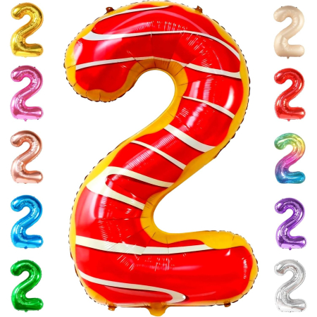 Balon din Folie Metalizata , Figurina Cifra, Imprimeu Gogosi, Tema Aniversare 100 cm, Ambalaj Individual, Pai inclus, Umflare cu Aer sau Heliu, Multicolor, Cifra 2 [5]