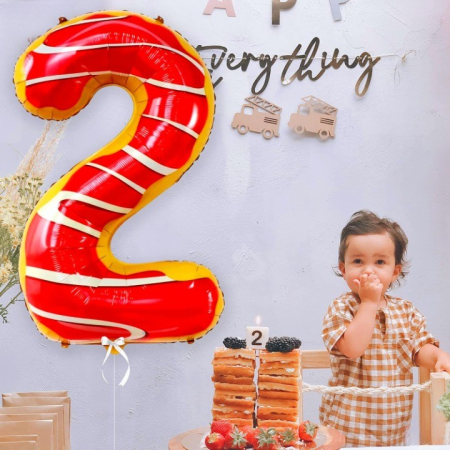 Balon din Folie Metalizata , Figurina Cifra, Imprimeu Gogosi, Tema Aniversare 100 cm, Ambalaj Individual, Pai inclus, Umflare cu Aer sau Heliu, Multicolor, Cifra 2 [3]