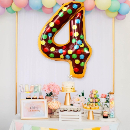 Balon din Folie Metalizata , Figurina Cifra, Imprimeu Gogosi, Tema Aniversare 100 cm, Ambalaj Individual, Pai inclus, Umflare cu Aer sau Heliu, Multicolor, Cifra 4 [3]