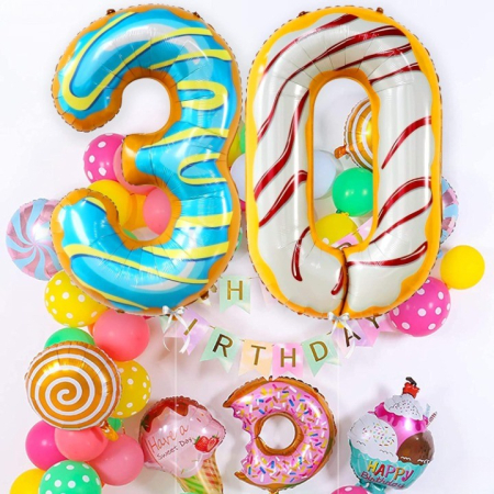 Balon din Folie Metalizata , Figurina Cifra, Imprimeu Gogosi, Tema Aniversare 100 cm, Ambalaj Individual, Pai inclus, Umflare cu Aer sau Heliu, Multicolor, Cifra 0 [4]