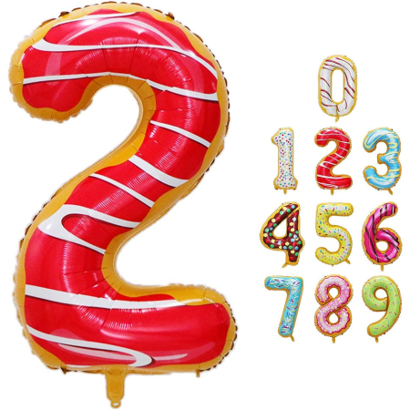 Balon din Folie Metalizata , Figurina Cifra, Imprimeu Gogosi, Tema Aniversare 100 cm, Ambalaj Individual, Pai inclus, Umflare cu Aer sau Heliu, Multicolor, Cifra 2 [6]