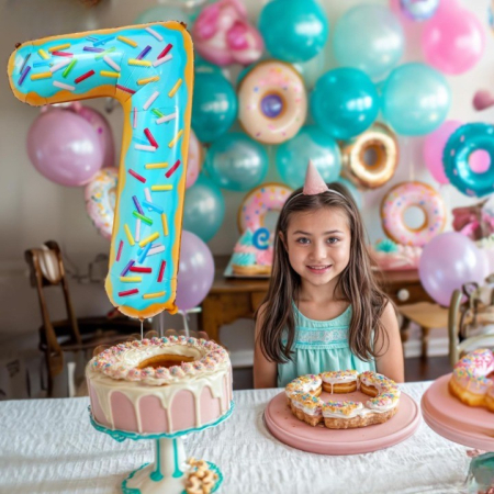 Balon din Folie Metalizata , Figurina Cifra, Imprimeu Gogosi, Tema Aniversare 100 cm, Ambalaj Individual, Pai inclus, Umflare cu Aer sau Heliu, Multicolor, Cifra 7 [4]