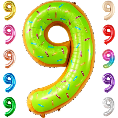 Balon din Folie Metalizata , Figurina Cifra, Imprimeu Gogosi, Tema Aniversare 100 cm, Ambalaj Individual, Pai inclus, Umflare cu Aer sau Heliu, Multicolor, Cifra 9 [4]