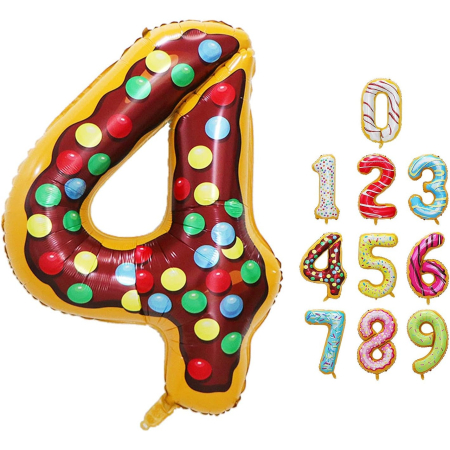 Balon din Folie Metalizata , Figurina Cifra, Imprimeu Gogosi, Tema Aniversare 100 cm, Ambalaj Individual, Pai inclus, Umflare cu Aer sau Heliu, Multicolor, Cifra 4 [12]