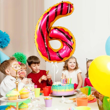 Balon din Folie Metalizata , Figurina Cifra, Imprimeu Gogosi, Tema Aniversare 100 cm, Ambalaj Individual, Pai inclus, Umflare cu Aer sau Heliu, Multicolor, Cifra 6 [1]