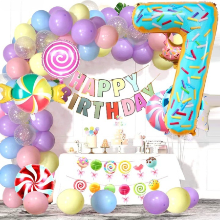 Balon din Folie Metalizata , Figurina Cifra, Imprimeu Gogosi, Tema Aniversare 100 cm, Ambalaj Individual, Pai inclus, Umflare cu Aer sau Heliu, Multicolor, Cifra 7 [1]