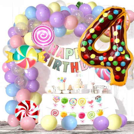 Balon din Folie Metalizata , Figurina Cifra, Imprimeu Gogosi, Tema Aniversare 100 cm, Ambalaj Individual, Pai inclus, Umflare cu Aer sau Heliu, Multicolor, Cifra 4 [4]