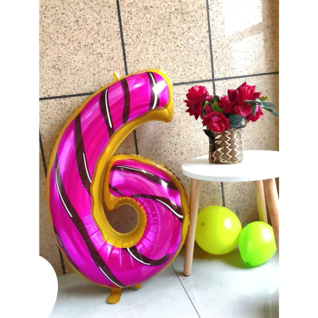 Balon din Folie Metalizata , Figurina Cifra, Imprimeu Gogosi, Tema Aniversare 100 cm, Ambalaj Individual, Pai inclus, Umflare cu Aer sau Heliu, Multicolor, Cifra 6 [6]