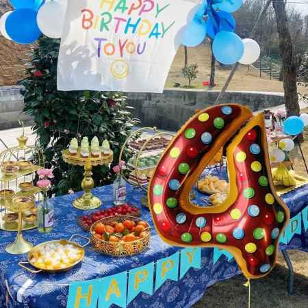 Balon din Folie Metalizata , Figurina Cifra, Imprimeu Gogosi, Tema Aniversare 100 cm, Ambalaj Individual, Pai inclus, Umflare cu Aer sau Heliu, Multicolor, Cifra 4 [6]