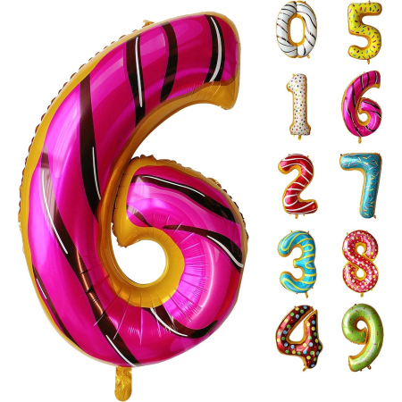 Balon din Folie Metalizata , Figurina Cifra, Imprimeu Gogosi, Tema Aniversare 100 cm, Ambalaj Individual, Pai inclus, Umflare cu Aer sau Heliu, Multicolor, Cifra 6 [9]