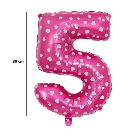Balon din Folie Metalizata , Figurina Cifra, Imprimeu Inimi, Tema Aniversare 80 cm, Ambalaj Individual, Pai inclus, Umflare cu Aer sau Heliu, Roz, Cifra 5 [1]