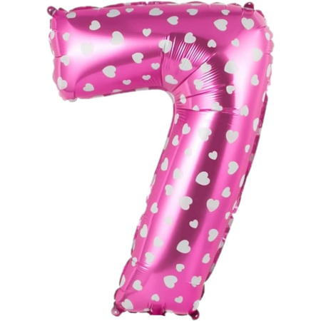 Balon din Folie Metalizata , Figurina Cifra, Imprimeu Inimi, Tema Aniversare 80 cm, Ambalaj Individual, Pai inclus, Umflare cu Aer sau Heliu, Roz, Cifra 7 [3]