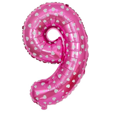 ✨TOATE PRODUSELE✨ - Balon din Folie Metalizata , Figurina Cifra, Imprimeu Inimi, Tema Aniversare 80 cm, Ambalaj Individual, Pai inclus, Umflare cu Aer sau Heliu, Roz, Cifra 9