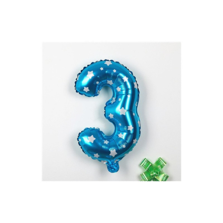 Balon din Folie Metalizata , Figurina Cifra, Imprimeu Stele, Tema Aniversare 80 cm, Ambalaj Individual, Pai inclus, Umflare cu Aer sau Heliu, Albastru, Cifra 3 [1]