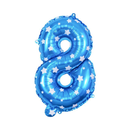 Balon din Folie Metalizata , Figurina Cifra, Imprimeu Stele, Tema Aniversare 80 cm, Ambalaj Individual, Pai inclus, Umflare cu Aer sau Heliu, Albastru, Cifra 8 [1]