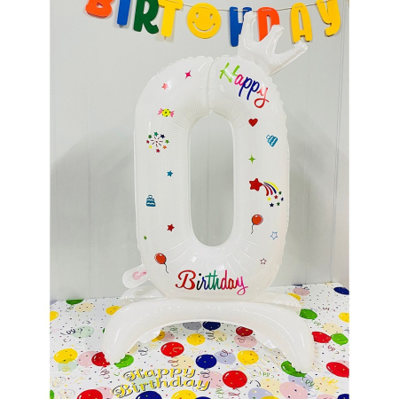 Balon din Folie Metalizata, , Figurina Cifra, Model 0 cu Happy Birthday Scris, Tema Aniversare 81 cm, Ambalaj Individual, Pai Inclus, Umflare cu Aer sau Heliu, Alb [1]