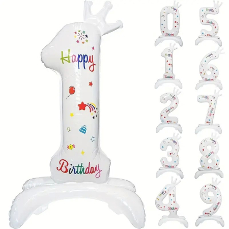 Cifre - Balon din Folie Metalizata, , Figurina Cifra, Model 1 cu Happy Birthday Scris, Tema Aniversare 81 cm, Ambalaj Individual, Pai Inclus, Umflare cu Aer sau Heliu, Alb