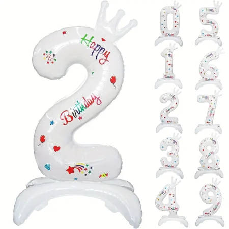 Cifre - Balon din Folie Metalizata, , Figurina Cifra, Model 2 cu Happy Birthday Scris, Tema Aniversare 81 cm, Ambalaj Individual, Pai Inclus, Umflare cu Aer sau Heliu, Alb
