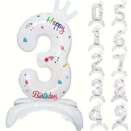 Cifre - Balon din Folie Metalizata, , Figurina Cifra, Model 3 cu Happy Birthday Scris, Tema Aniversare 81 cm, Ambalaj Individual, Pai Inclus, Umflare cu Aer sau Heliu, Alb
