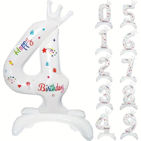 Cifre - Balon din Folie Metalizata, , Figurina Cifra, Model 4 cu Happy Birthday Scris, Tema Aniversare 81 cm, Ambalaj Individual, Pai Inclus, Umflare cu Aer sau Heliu, Alb