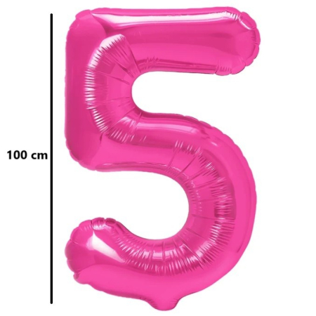 Balon din Folie Metalizata, , Figurina Cifra, Model 5, Tema Aniversare 100 cm, Ambalaj Individual, Pai Inclus, Umflare cu Aer sau Heliu, Roz [1]