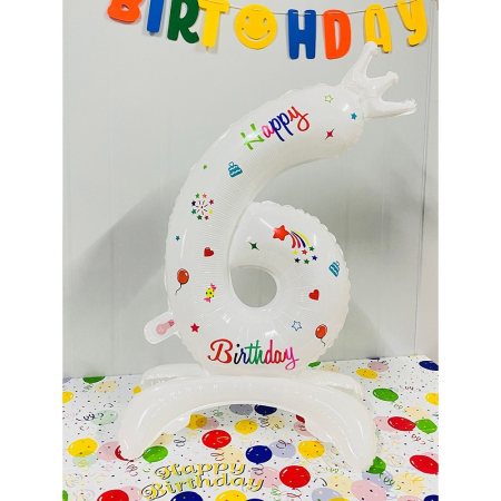 Balon din Folie Metalizata, , Figurina Cifra, Model 6 cu Happy Birthday Scris, Tema Aniversare 81 cm, Ambalaj Individual, Pai Inclus, Umflare cu Aer sau Heliu, Alb [1]