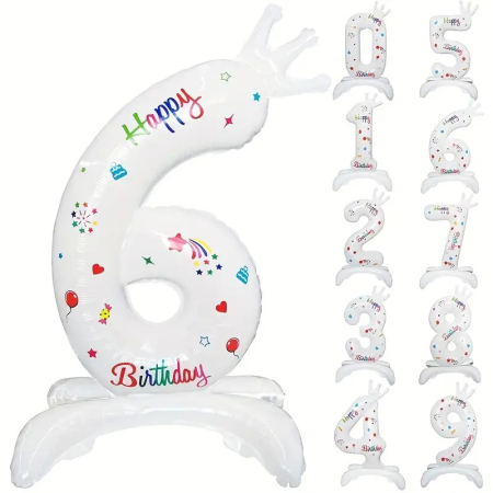 Cifre - Balon din Folie Metalizata, , Figurina Cifra, Model 6 cu Happy Birthday Scris, Tema Aniversare 81 cm, Ambalaj Individual, Pai Inclus, Umflare cu Aer sau Heliu, Alb