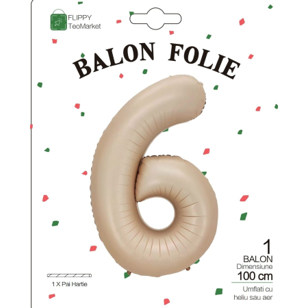 Balon din Folie Metalizata, , Figurina Cifra, Model 6, Tema Aniversare 100 cm, Ambalaj Individual, Pai Inclus, Umflare cu Aer sau Heliu, Crem [5]
