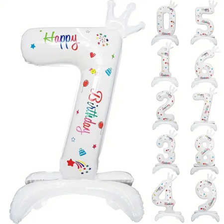 Cifre - Balon din Folie Metalizata, , Figurina Cifra, Model 7 cu Happy Birthday Scris, Tema Aniversare 81 cm, Ambalaj Individual, Pai Inclus, Umflare cu Aer sau Heliu, Alb