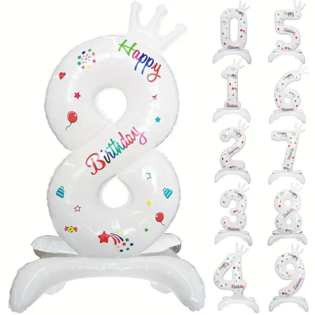 Cifre - Balon din Folie Metalizata, , Figurina Cifra, Model 8 cu Happy Birthday Scris, Tema Aniversare 81 cm, Ambalaj Individual, Pai Inclus, Umflare cu Aer sau Heliu, Alb