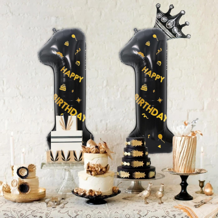 Balon din Folie Metalizata , Figurina Cifra, Scris Happy Birthday, Tema Aniversare 100 cm, Ambalaj Individual, Pai inclus, Umflare cu Aer sau Heliu, Negru, Cifra 1 [2]