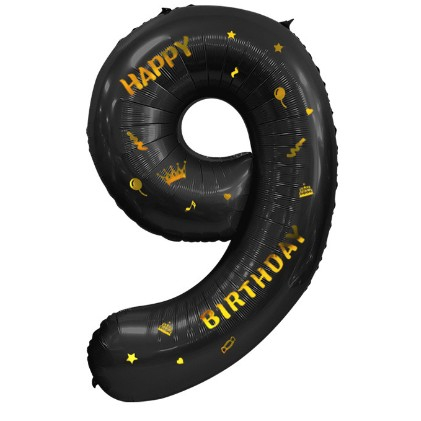 Balon din Folie Metalizata , Figurina Cifra, Scris Happy Birthday, Tema Aniversare 100 cm, Ambalaj Individual, Pai inclus, Umflare cu Aer sau Heliu, Negru, Cifra 9 [2]